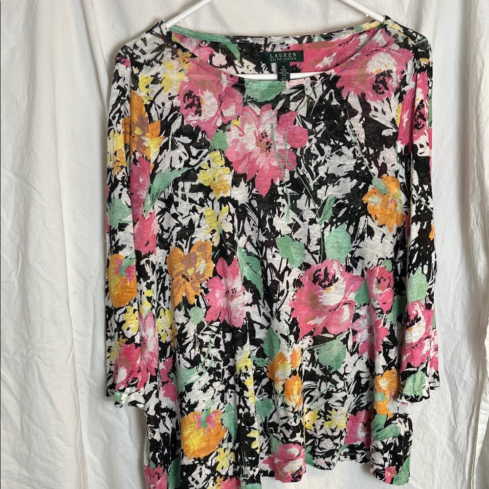 Lauren Ralph Lauren Black Floral Scoop Neck Long Sleeve Linen Top Size 1X